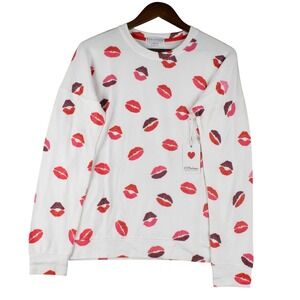 P.J. Salvage Womens S White Lips Print Cozy Sweatshirt Coquette Valentine's